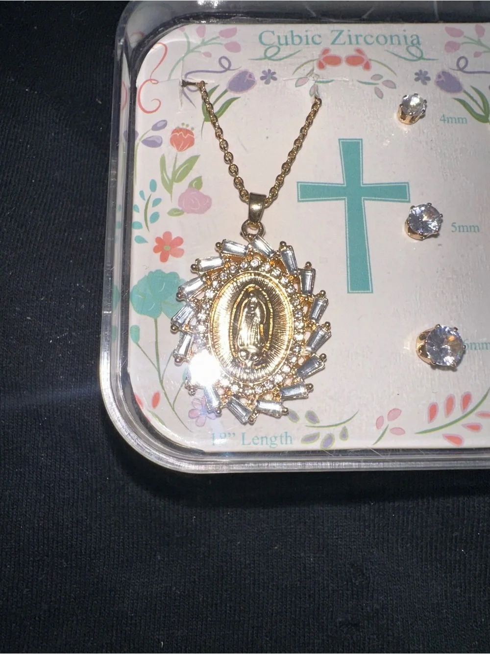 Virgin Mary Oval Pendant Necklace & CZ Stud Set — Gold Tone, 18